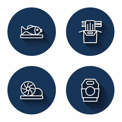 Set line Served fish on a plate, Asian noodles in paper box, Xiao long bao and with long shadow. Blue circle button. Vector