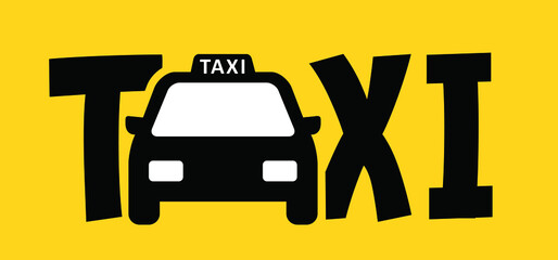 Taxi for Passengers. Taxi service concept. Cartoon, tourism and business travel icon or logo. Taxicab symbol. Taxistand rank. Street traffic 24/7