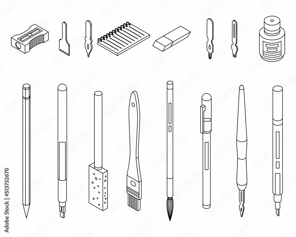 Poster calligraphy tools icons set. isometric set of calligraphy tools vector icons thin line outline on wh
