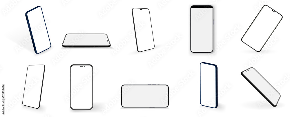 Poster Realistic smartphone. Mobile phone mockup with blank screen in different isometric perspective. Vector illustration isolated 3D cellphone from different sides set isolated on white background