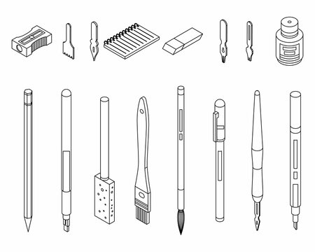Calligraphy tools icons set. Isometric set of calligraphy tools vector icons thin line outline on white isolated