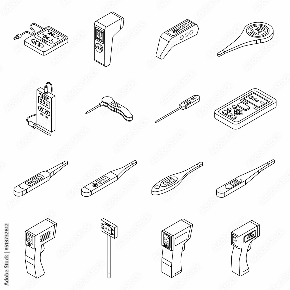 Poster digital thermometer icons set. isometric set of digital thermometer vector icons thin line outline o