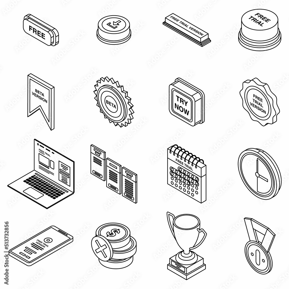 Aufkleber free trial version icons set. isometric set of free trial version vector icons thin line outline on 