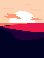 Landscape with sunset at the seashore. Grass silhouette over red river and mountain range. Vector illustration.