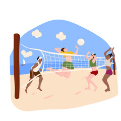people playing beach volleyball on sand in summer. Players throwing ball through net. Team sports game. Flat vector illustration of beach volley isolated on white background