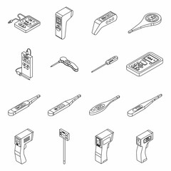 Digital thermometer icons set. Isometric set of digital thermometer vector icons thin line outline on white isolated