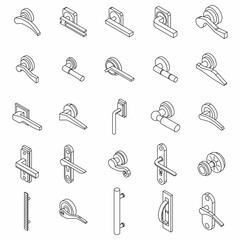 Door handles icons set. Isometric set of door handles vector icons thin line outline on white isolated - obrazy, fototapety, plakaty