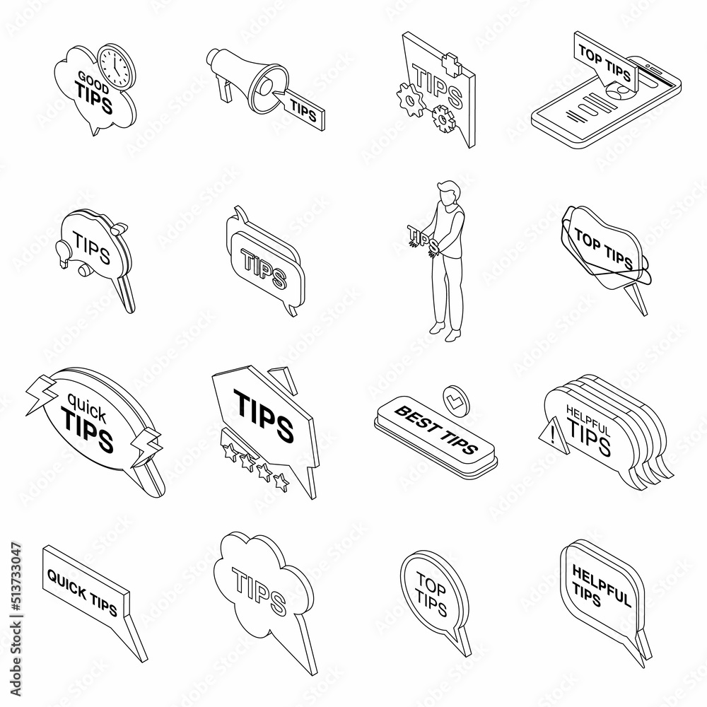 Poster tips icons set. isometric set of tips vector icons thin line outline on white isolated