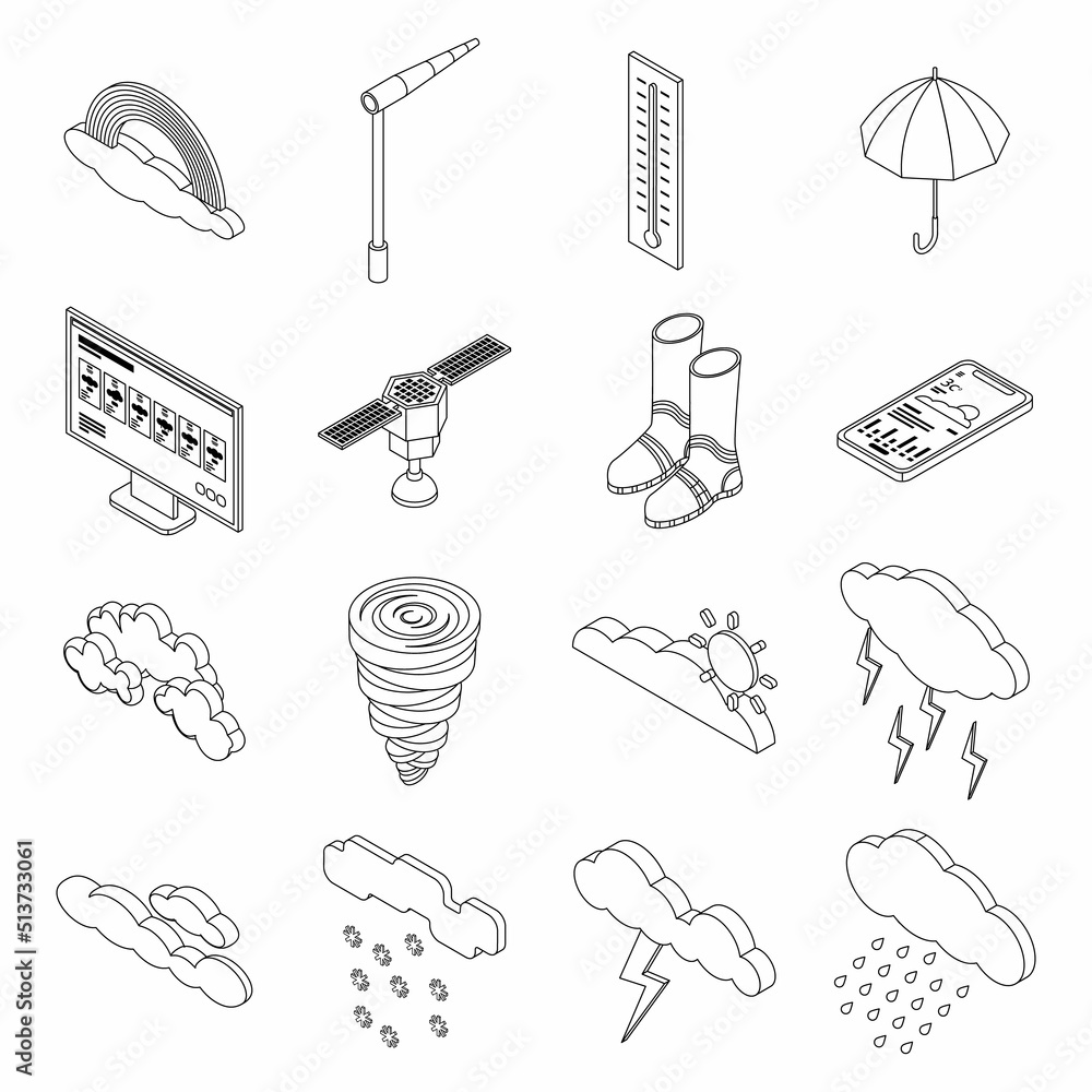 Poster cloudy weather icons set. isometric set of cloudy weather vector icons thin line outline on white is
