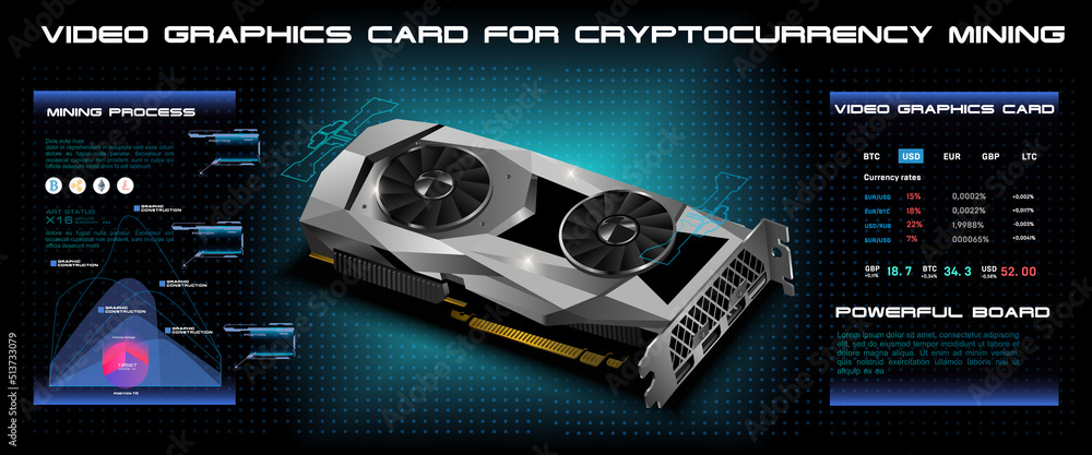 Poster realistic graphics card for cryptocurrency mining or gaming. presentation of a realistic video card 