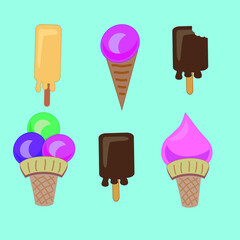 Colorful Ice cream in a waffle cup on blue background. Summer wallpaper, kids interior wallpaper. Sweet summer food. 