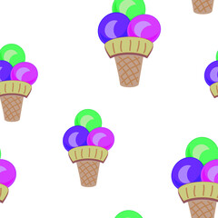 Colorful Ice cream in a waffle cup seamless pattern on white background. Summer wallpaper, kids interior wallpaper. Sweet summer food. Vector repeating texture.