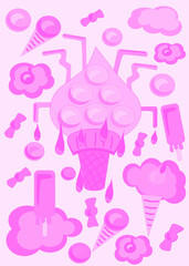Cute Birthday compositions desert with different sweets on pink - ice cream, chocolate, pops, lollipops, cherry berry. Monochrome