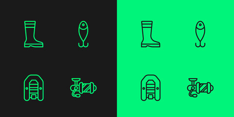 Set line Spinning reel for fishing, Inflatable boat with motor, Fishing boots and lure icon. Vector