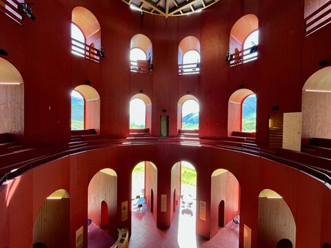 Interior of Julier theater tower at Julier Pass, location of Origen Festival Cultural. Graubuenden, Grisons, Switzerland.