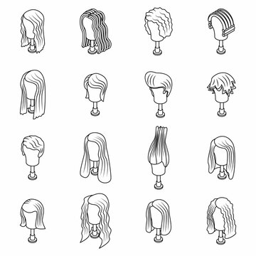 Wig icons set. Isometric set of wig vector icons thin line outline on white isolated