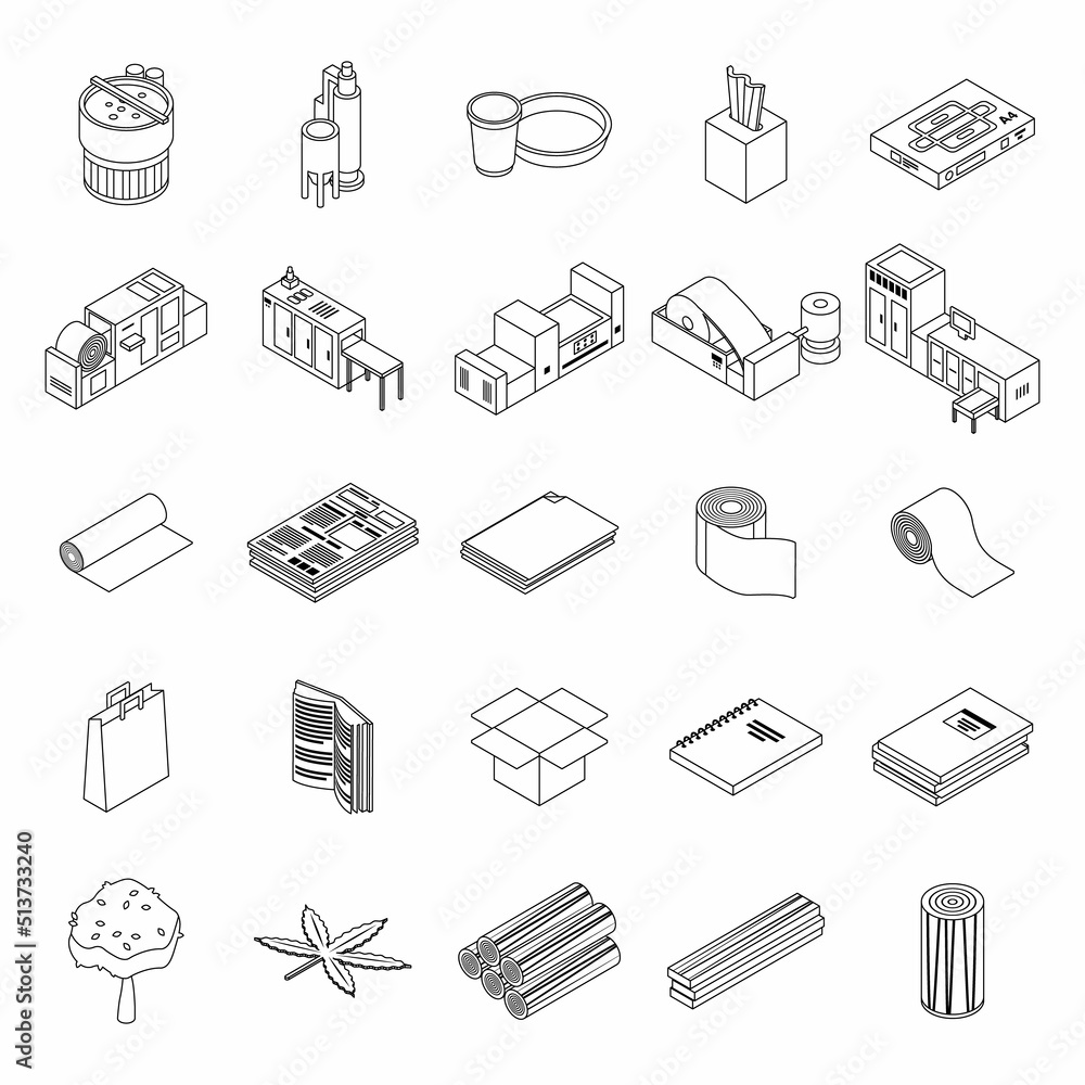 Poster paper production icons set. isometric set of paper production vector icons thin line outline on whit