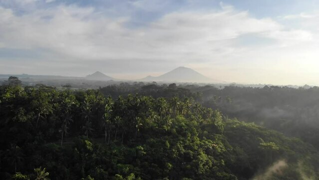 Aerial 4k drone footage of morning sunrise in the middle of the Balinese jungle with Mount Agung in the back, Bali, Indonesia.
Parallax movement, mid angle.