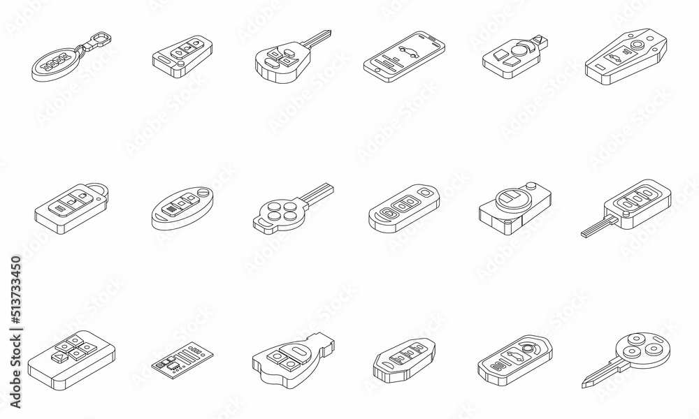Poster smart car key icons set. isometric set of smart car key vector icons thin line outline on white isol