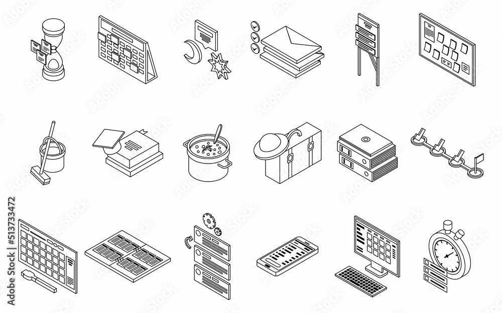 Poster task schedule icons set. isometric set of task schedule vector icons thin line outline on white isol