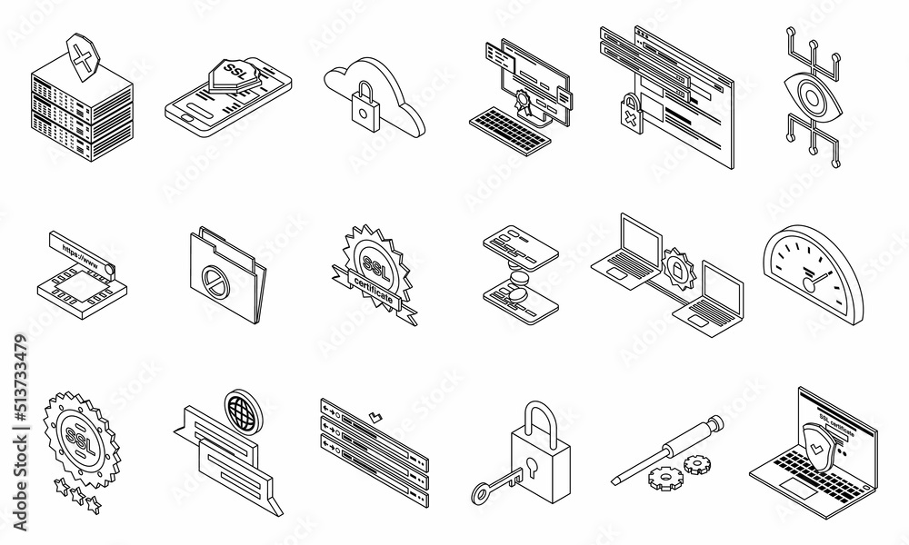 Poster ssl certificate icons set. isometric set of ssl certificate vector icons thin line outline on white 