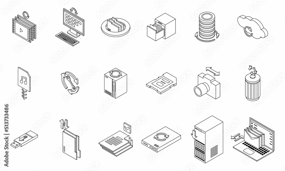Poster backups icons set. isometric set of backups vector icons thin line outline on white isolated