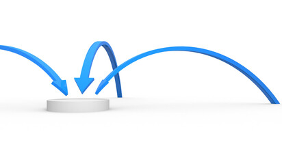 Three blue arrows pointing together an empty stand on white background. 3D render.