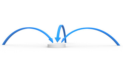 Three blue arrows pointing an empty podium on white background. 3D render.