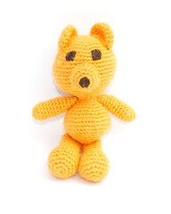 Knitted toy, bears on white background, isolated.