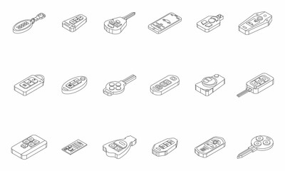 Smart car key icons set. Isometric set of smart car key vector icons thin line outline on white isolated