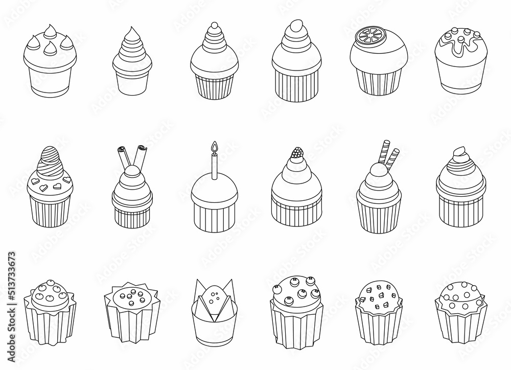 Poster muffin icons set. isometric set of muffin vector icons thin line outline on white isolated