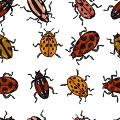Beetles insects large set separately on a white background coloring book for children sketch doodle hand drawn