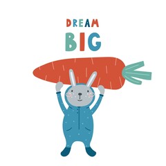 children's postcard poster dream big with a hare in pajamas and a carrot for a nursery