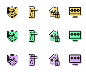 Set line House under protection, Shield with check mark, Fingerprint door lock and Monitor password icon. Vector