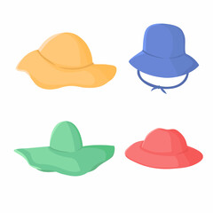 Set of colorful hats of different retro style. Collection of cute hats. Isolated vector illustration.