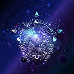 Vector illustration of Sacred geometric symbol against the space background with planets and stars.