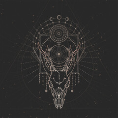 Vector illustration with hand drawn Roe deer skull and Sacred geometric symbol on black vintage background.