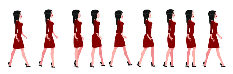 Beautiful girl in a dress on heels. A full cycle of walking animation. 