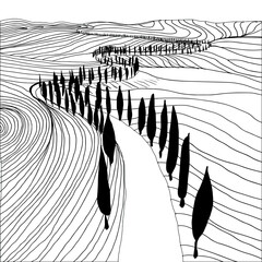 Black and white hand drawn Toscana countryside scenery. Graphic vector illustration Italian landscape
