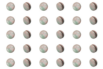 French macarons pattern isolated on white background. Culinary and cooking concept. Tasty baked food