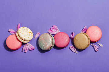 Macarons with peonies flower petals on very peri color background. Sweet dessert, pastel candy color