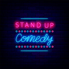 Stand up comedy neon signboard. Comic show. Light sign. Party label. Vector stock illustration