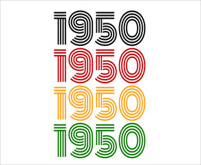 Year 1950 retro font. Vector with year for birthday in black, red, orange and green.