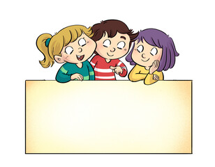 Fototapeta Child Illustration of three happy children with a poster obraz
