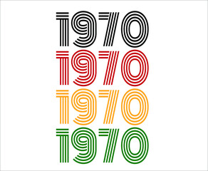Year 1970 retro font. Vector with year for birthday in black, red, orange and green.