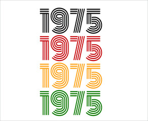 Year 1975 retro font. Vector with year for birthday in black, red, orange and green.