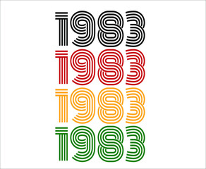 Year 1983 retro font. Vector with year for birthday in black, red, orange and green.