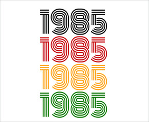 Year 1985 retro font. Vector with year for birthday in black, red, orange and green.