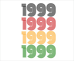 Year 1999 retro font. Vector with year for birthday in black, red, orange and green.