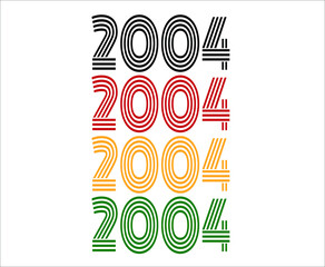 Year 2004 retro font. Vector with year for birthday in black, red, orange and green.